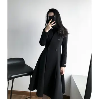 

Korean Fashion Womens Trench Coat Black Double Breasted Overcoat A-line Long Sleeve Size S M L High Street B12