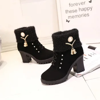 

DIDMartin boots women's British style high-heeled short boots thick-soled high-heeled comfortable cotton shoes plus velvet boots