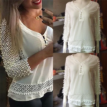 

HOT Fashion Womens Long Sleeve V-Neck Loose Blouse Casual Shirt Summer Chiffon Hollow Out Tops