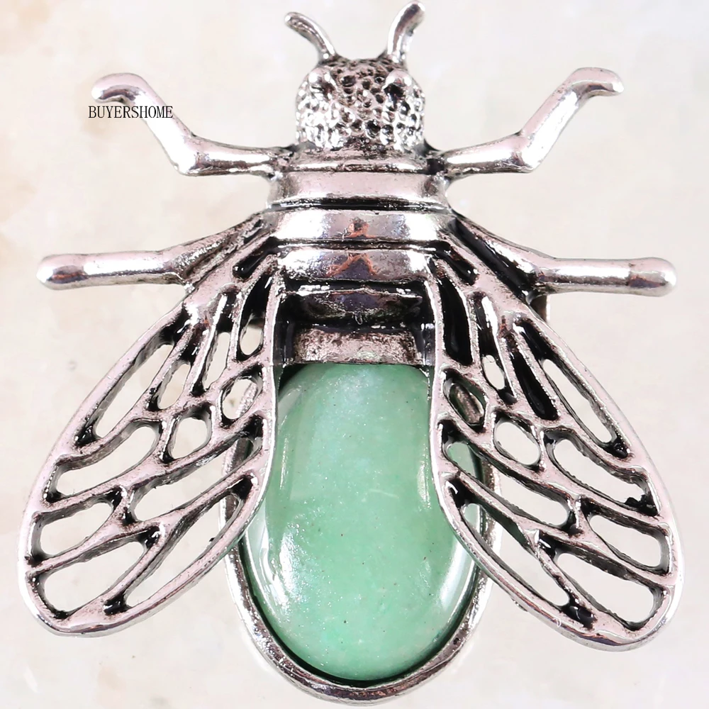 Green Aventurine 1Pcs Silver Cicada Brooch Natural Stone Pendant Howlite Rhodonite Carnelian Onyx Bead for Men Women DIY Jewelry Making - Окраска металла: Green Aventurine