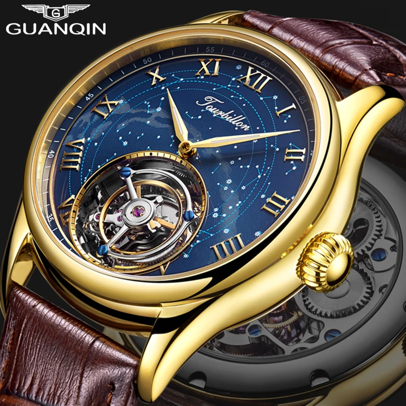 Guanqin Tourbillon механические часы для мужчин Скелет бренд Роскошные Водонепроницаемые кожаные часы Relogio Masculino