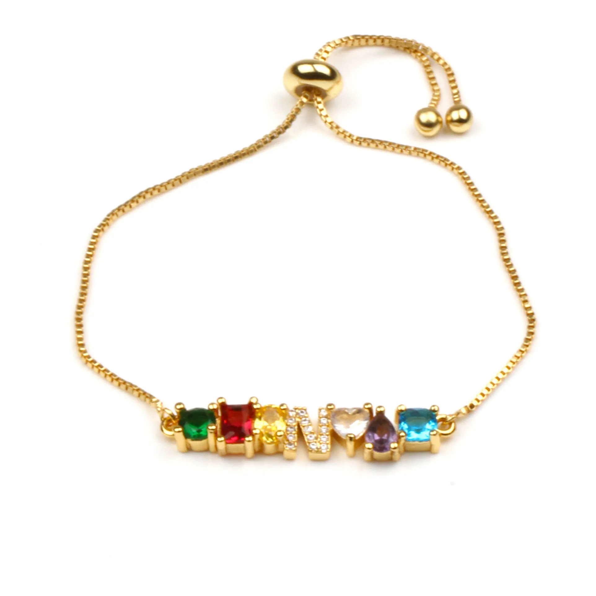 Hot Trendy Women Gold Color Bracelet New Rainbow Cubic Zircon A-Z Letter Initials For Women Charm Bracelet Jewelry Accessories - Окраска металла: N