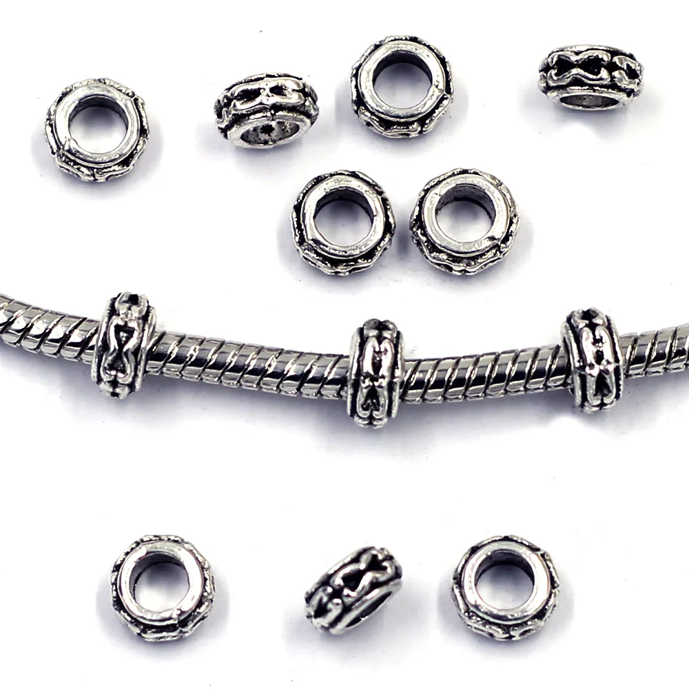 500Pcs Spacer Beads Silver Tone Carved Ring Fit For European Charms Bracelet Jewelry DIY Making Charms Findings 6x3mm