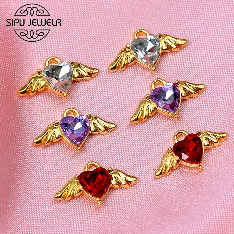 

10Pcs Tiny Heart Crystal Charms Wholesale 17*10mm Gold Color Hearts Wing Pendant Charm For DIY Metal Love Jewelry Accessories