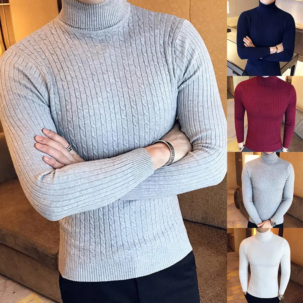 Suéter Casual de invierno para hombre, manga larga de punto trenzado cuello tortuga, ajustado, con curvas de abrazo, forma Muscular, Regalos perfectos