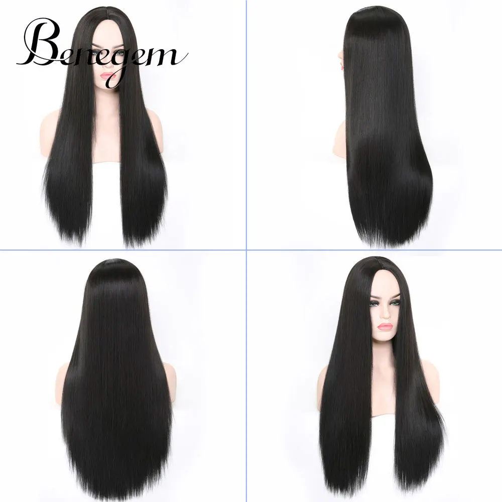 Естественный цвет Benegem 24 inch Long Black Wig Synthetic Straight Women Wig Middle Part Non-Lace Cosplay Wigs for Party Costume 60 cm - Цвет: Естественный цвет