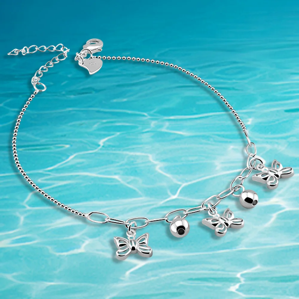 Маленький браслет на ногу с круглыми бусинами и бантом. Браслет из серебра 925