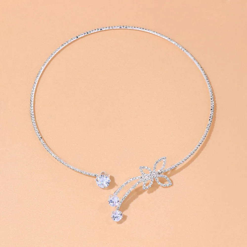 Exquisite Rhinestone Adjustable Open Butterfly Collar Torques Jewelry for Women Crystal Round Choker Necklace Bangle Accessories