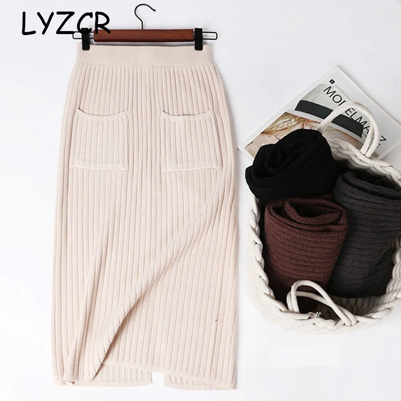 Women's Pencil Knitted Skirt For Women Sexy Bodycon Spilt Midi Women Skirt Winter High Waist Skirts Womens Jupe Femme Faldas