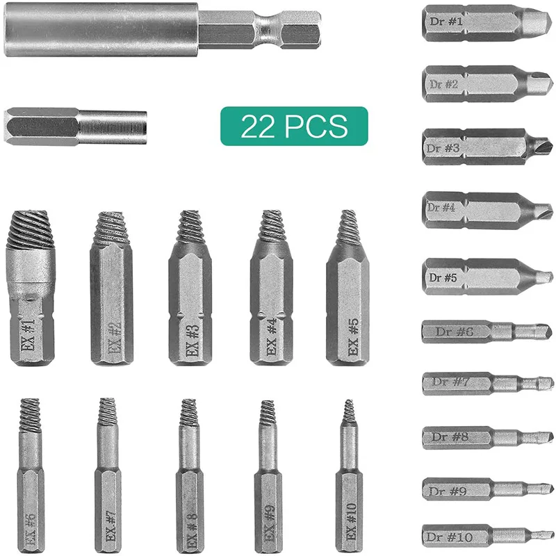 

22Pcs Set Damaged Screw Extractor Kit, Easily Remove Stripped & Broken Screws