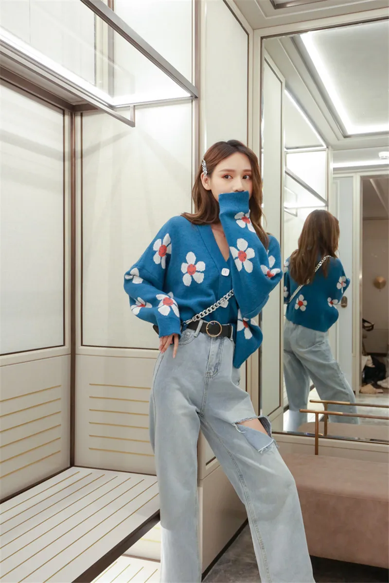 RUGOD осенний Повседневный Кардиган, Женский винтажный свитер с цветочным принтом, высококачественная одежда с вырезом в стиле Kawaii Ins