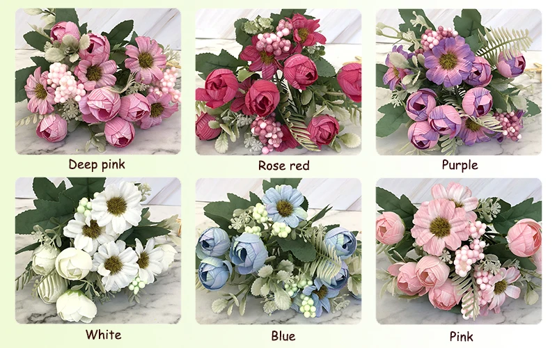 JAROWN 10 Heads Artificial Rose Small Flowers Bouquet Silk Fake Flowers Wedding Home Decoration Plant Leaves Decorative 11