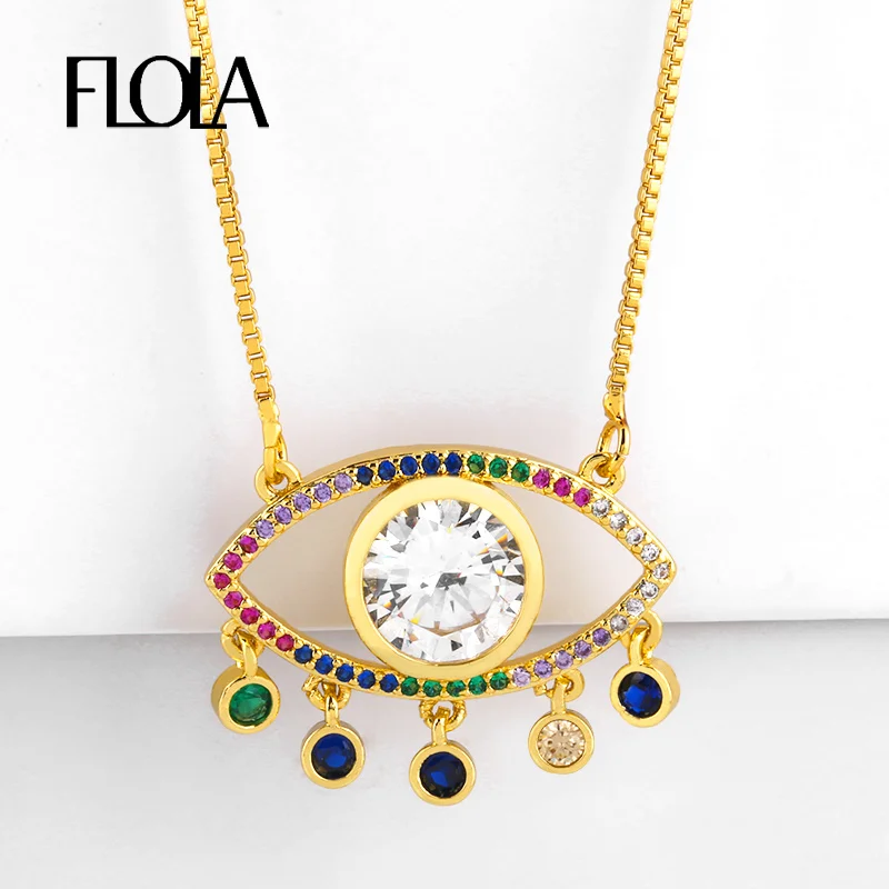 

FLOLA Gold Filled Greek Eye Necklace with Charm Rainbow Evil Eye CZ Necklace Woman Greek Eye Jewelry pendenti arcobaleno nkep55