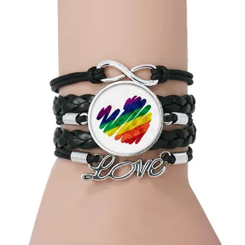 

Painting Heart LGBT Rainbow Bracelet Love Black Twisted Leather Rope Wristband