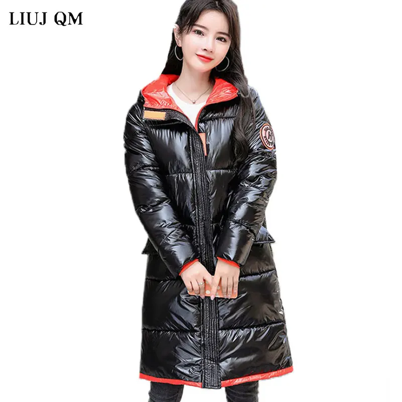 

2020 Winter Coat Women New Glossy Woman Jacket Mid-length Cotton Coat Korean Loose Thick Warm Hooded Woman Parkas Jacket Tide