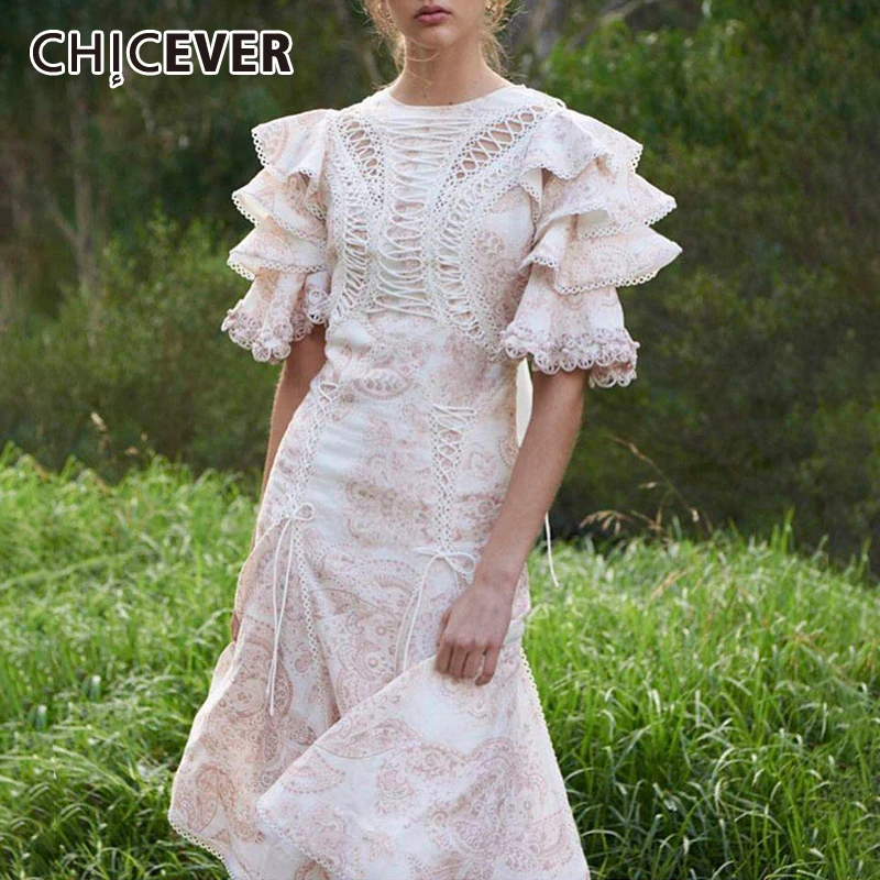 

CHICEVER Summer Clothes Dress Women O Neck Butterfly Sleeve Lace Patchwork High Waist Hollow Out Dresses Female Fashion New
