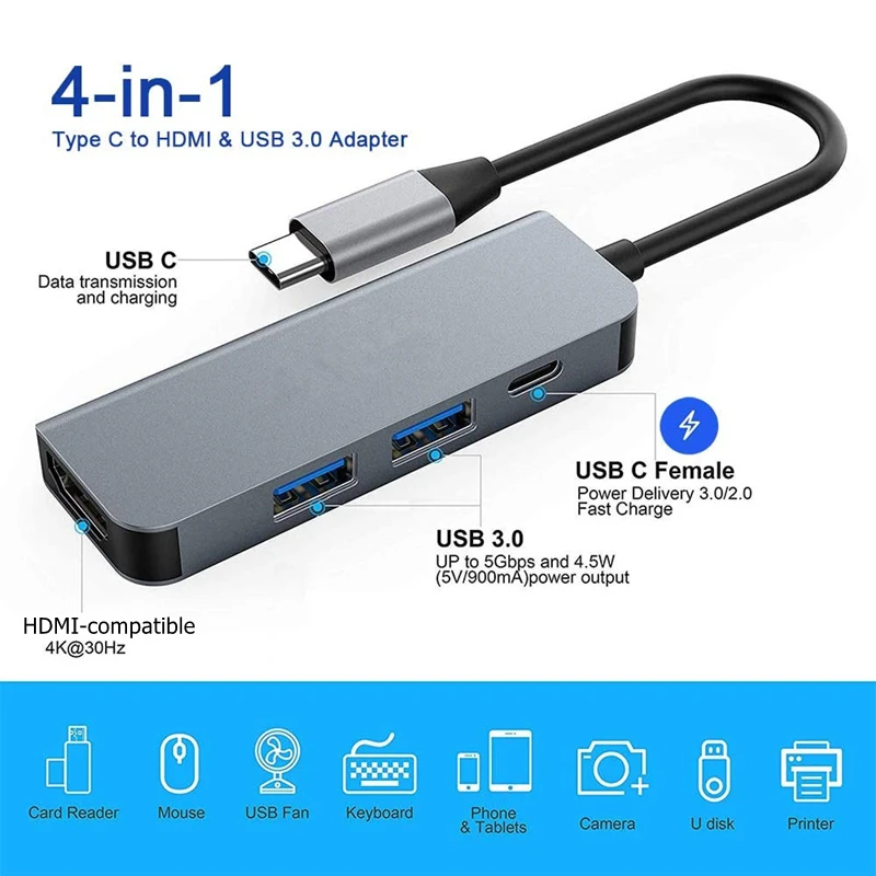 Rankman Type C to HDMI-compatible USB C 3.0 Aux Adapter for iPad Pro MacBook Samsung S20 Dex Xiaomi 10 TV PS5 Nintendo Monitor