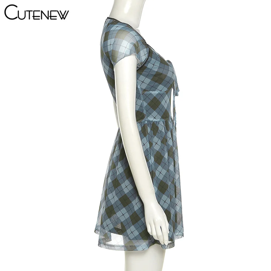 Cutenew Lattice Pattern A-Line Short Sleeve Mini Dress For Womens Clothes 2021 Summer Casual Stretch Comfortable Lady Streetwear