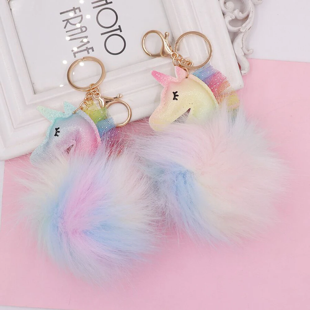 Rainbow Unicorn Faux Fur Keychain