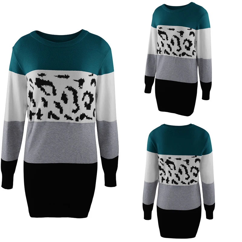 Chifirena Vintage Leopard Patchwork Sweater Dress Women O Neck Long Sleeve Winter Casual Robe Female Elegant Minie Vestidos
