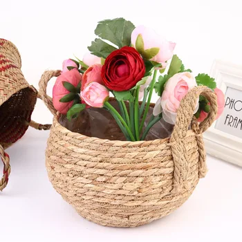 

Handmade Weaving Linen Flowerpot Storage Basket Multipurpose Potted Container Double Thicken Handle Storage Bin Container