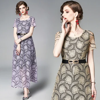 

Simgent Long Lace Dress Women Summer Short Sleeve One Neck Dress Maxi Casual Elegant Women Clothes With Belt Vestidos SG005281