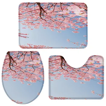 

3 Pieces Bathroom Set Pink Cherry Blossoms Bath Set Toilet Cover Mat Pedestal Rug Non-Slip Bathroom Rug Set