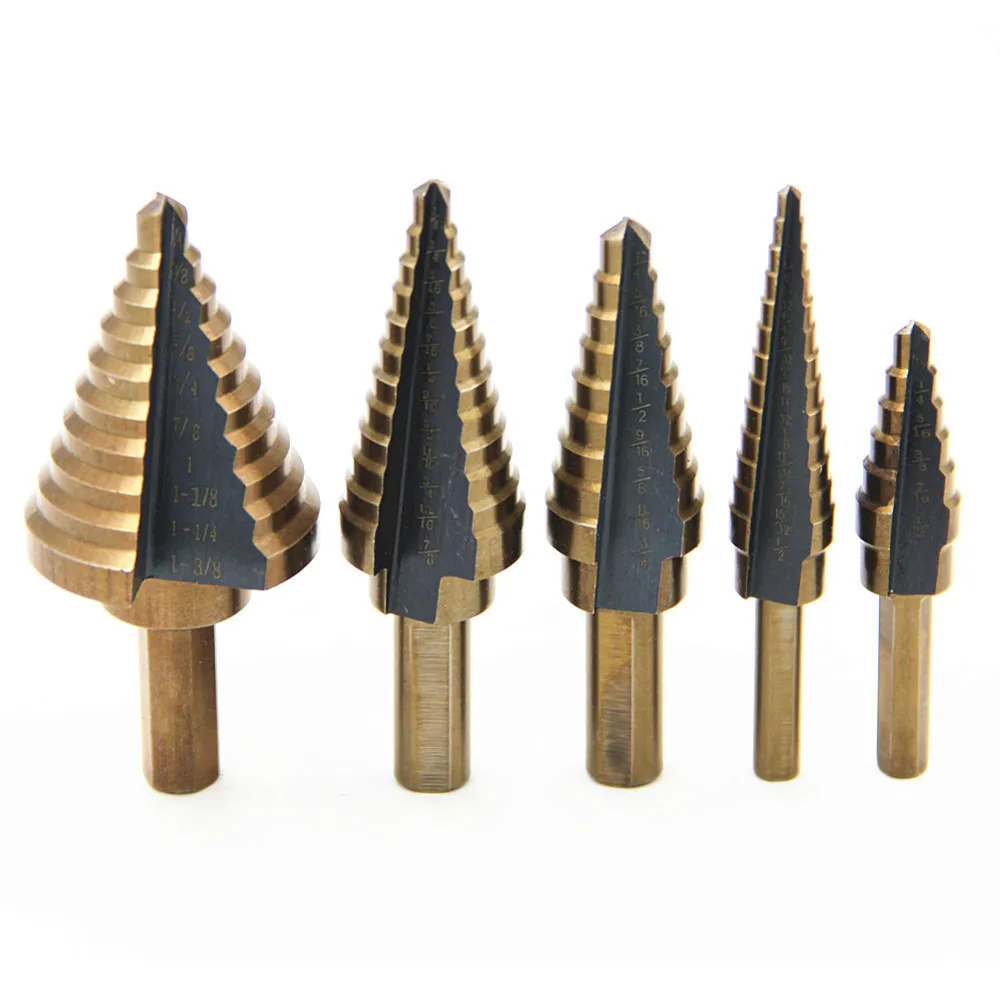 5pcs Hss Step Drill Bit Set Cone Hole Cutter Taper Metric 1/4-1-3/8 3/16-7/8 1/4-3/4 1/8-1/2 3/16-1/2 Metal Hex Core Drill Bits 5pcs Hss Step Drill Bit Set Cone Hole Cutter Taper Metric 1/4-1-3/8 3/16-7/8 1/4-3/4 1/8-1/2 3/16-1/2 Metal Hex Core Drill Bits