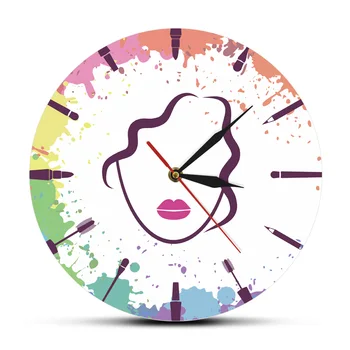 

Face of Beautiful Girl Makeup Artist Fashion Wall Hanging Clock Make up Elements With Woman Face Timepiece Beauty Salon Wall Art