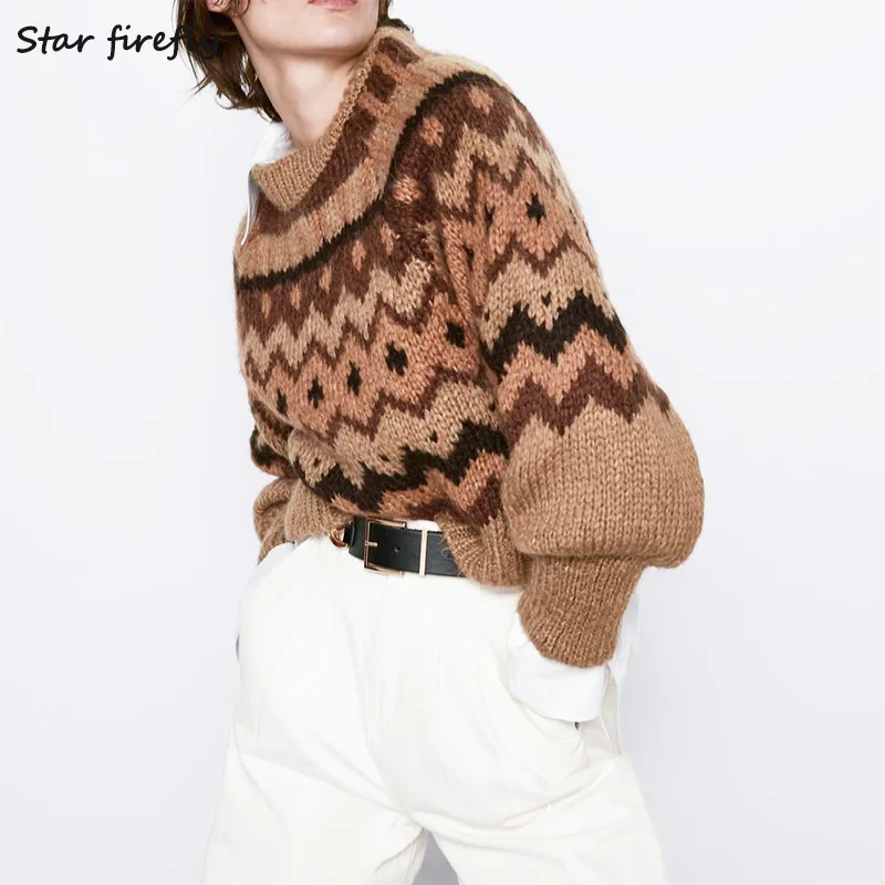 Звездный Светлячок, повседневный Свободный Полосатый свитер с круглым вырезом и рукавами-фонариками, женский свитер, Осенний шерстяной жаккардовый женский свитер
