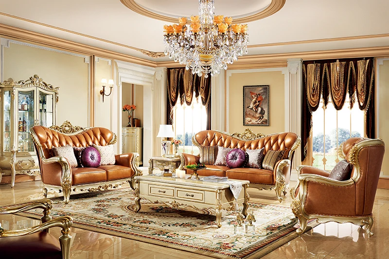 Роскошная антикварная королевская мебель французский кожаный диван с мраморный журнальный столик