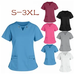 Women Summer Nurse Uniform Top T-Shirt Short Sleeve V-Neck Workwear Solid Color Pocket Shirt Care Workers Blouse Work Uniforms