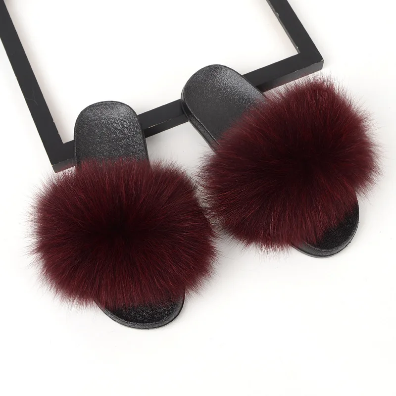 Fox Hair Wine Red Hot Women Furry Slippers Ladies Cute Plush Natural Fox Hair Slippers Real Fur Slippers Summer Indoor Outdoor Slippers for Women - Цвет: Fox Hair Wine Red