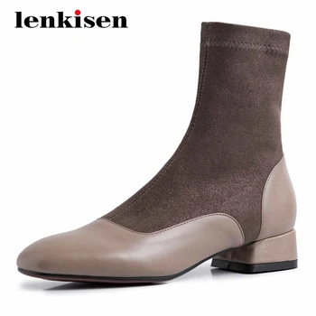 

Lenkisen leisure natural leather patchwork high quality classic colors square toe thick med heel zipper basic ankle boots L9f9