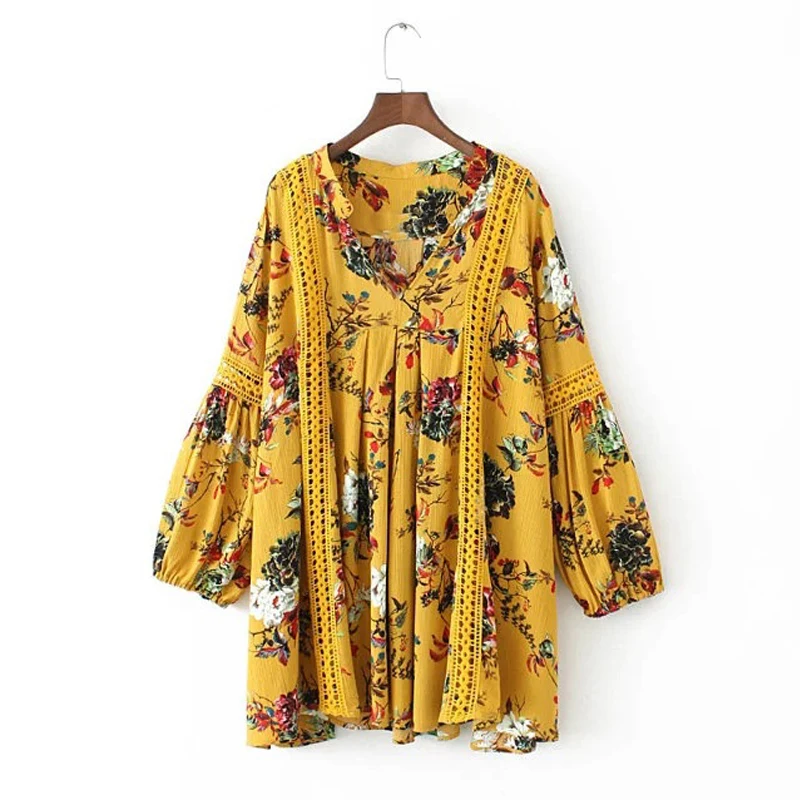 TEELYNN желтое мини платье в стиле бохо, винтажное осеннее платье с цветочным принтом, v-образный вырез, длинный рукав, свободные брендовые цыганские женские платья vestidos
