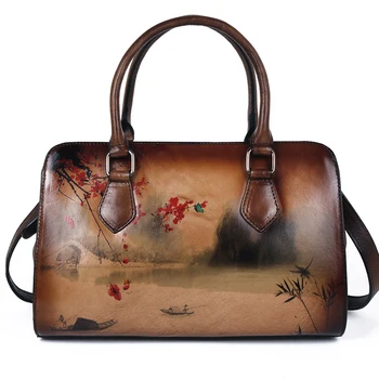 

Genuine Leather Women Tote Bag Chinese Style Ink Landscape Painting Retro Female Handbag Messenger Shoulder Cross body Bags