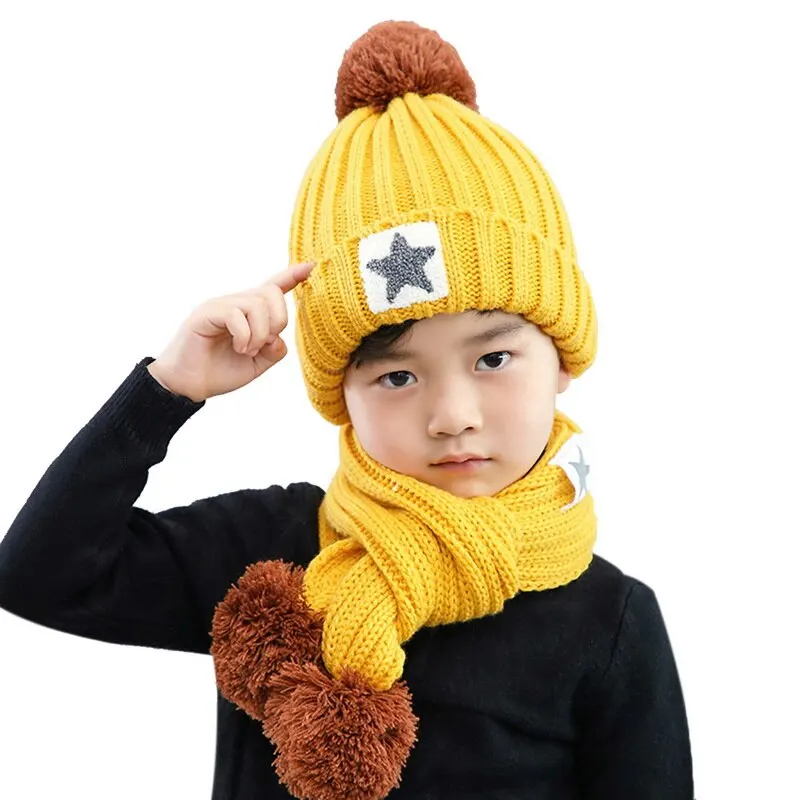 Лидер продаж, детские вязаные шапочки и наборы шарфов Hailball Beanies, вязаные детские зимние комплекты из 2 предметов, зимние шапки для детей, зимняя шапка - Цвет: Yellow