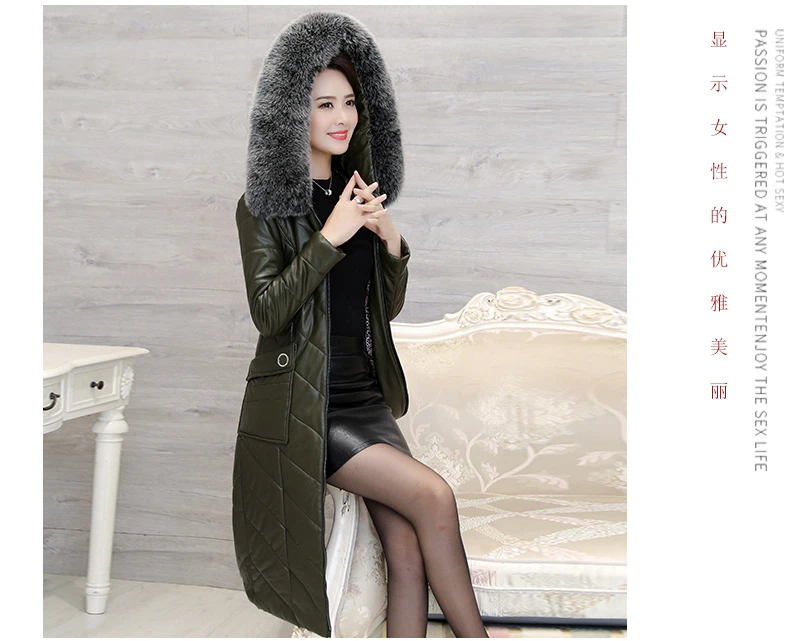 Женский Длинный кожаный пуховик с воротником из натурального Лисьего меха размера плюс 7XL, тонкое кожаное пальто с капюшоном, Женское зимнее пальто, женская парка