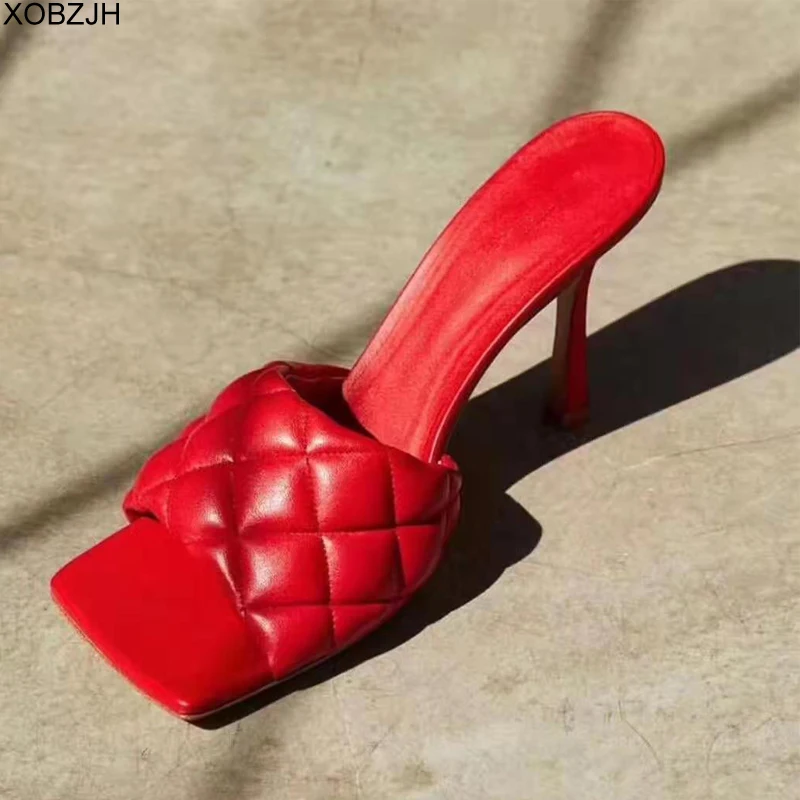 Дизайнерские Обувь, сандалии Для женщин Роскошные черный, красный и коричневый цвета; Высокий каблук; женские сандалии из натуральной Кожаные сандалии-шлепанцы; женская обувь - Цвет: Красный