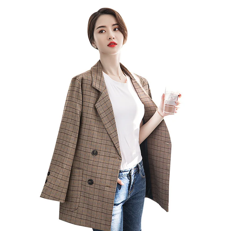 

Check Suit Loose Coat Woman Blazer Jacket 2019 Autumn Lattice Suit Tops Female Outwear