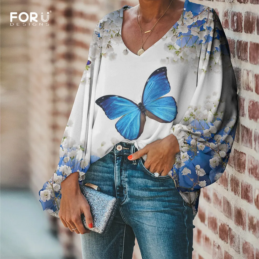 FORUDESIGNS/женские шифоновые блузки с объемными цветами и бабочками, свободные топы с v-образным вырезом и длинными рукавами, женская модная блузка, рубашка