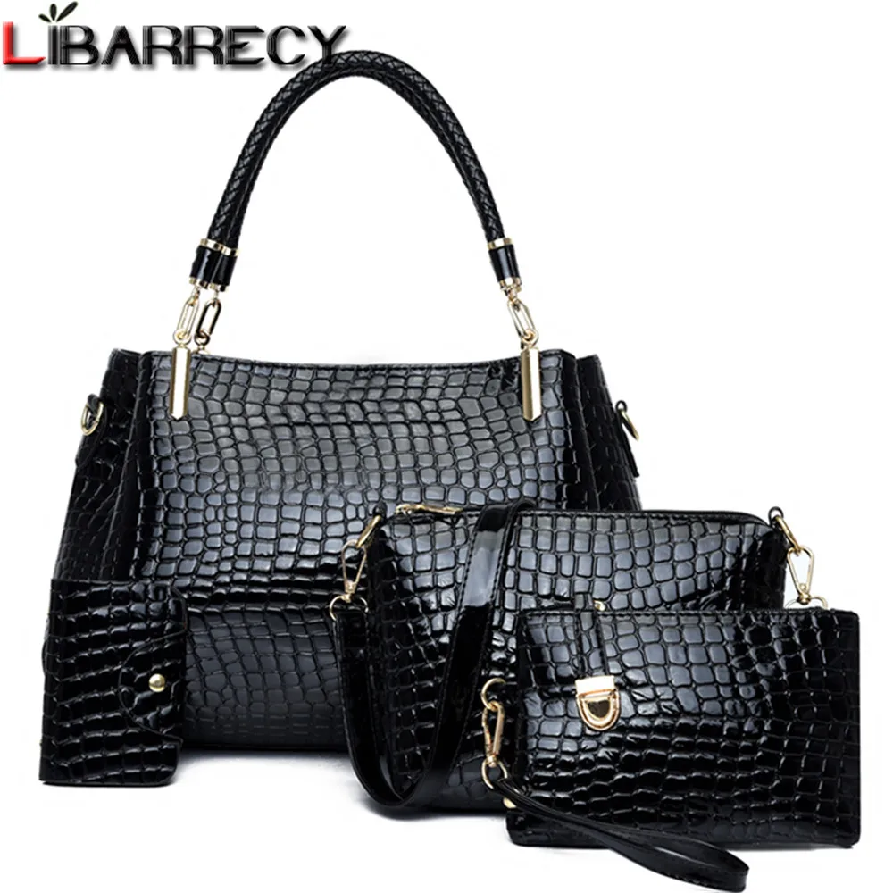 

Women Woven Handle Handbag 4Set Composite Bag Crocodile Pattern Leather Shoulder Bag Lady Large Capacity Travel Crossbody Bag