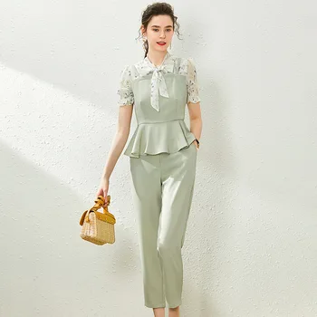 

Two Piece Set Women Stand Collar Bow Short Sleeves Fashion Printed Patchwork Slim Top + Elastic waist Ankle-Length Pants Suit