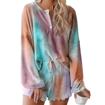 

Sleepwear V Neck Fashion Women Pajamas Set Shorts Ladies Casual Long Sleeve Tops Loungewear Summer Night Home Soft Tie Dye Print