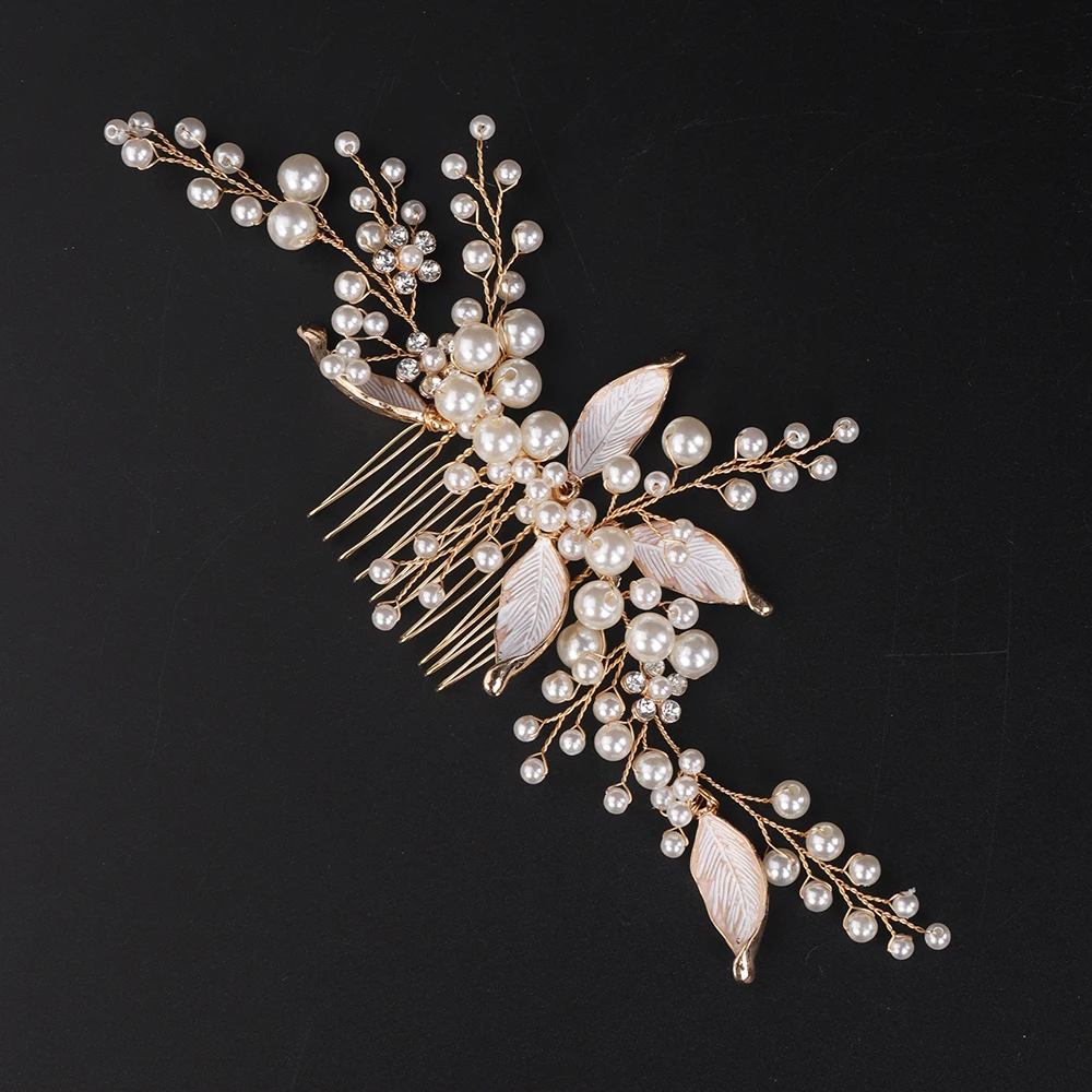 Gold Bride Headdress Elegant Women Hair Jewelry for Party Tiaras Banquet Leaves Pearls Wedding Hair Comb Accessories