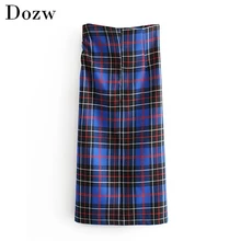 Женская винтажная элегантная клетчатая юбка средней длины с разрезом, мода, высокая талия, молния сзади, офисные плиссированные юбки, повседневные юбки, Faldas Mujer