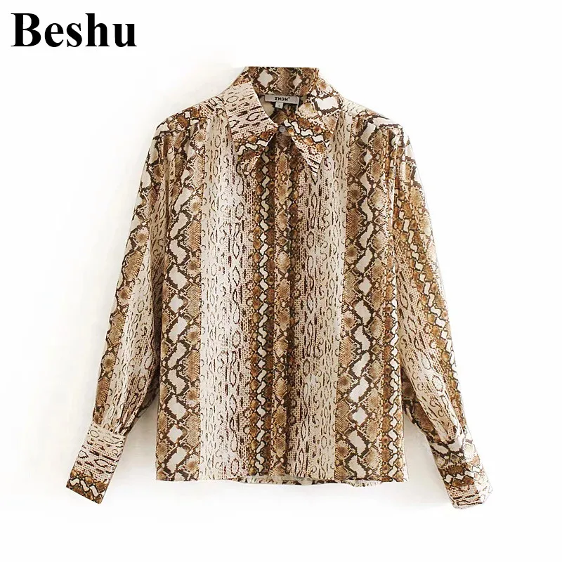 Модная блузка ZA шифоновая контрастная со змеиным принтом с отворотом открытая