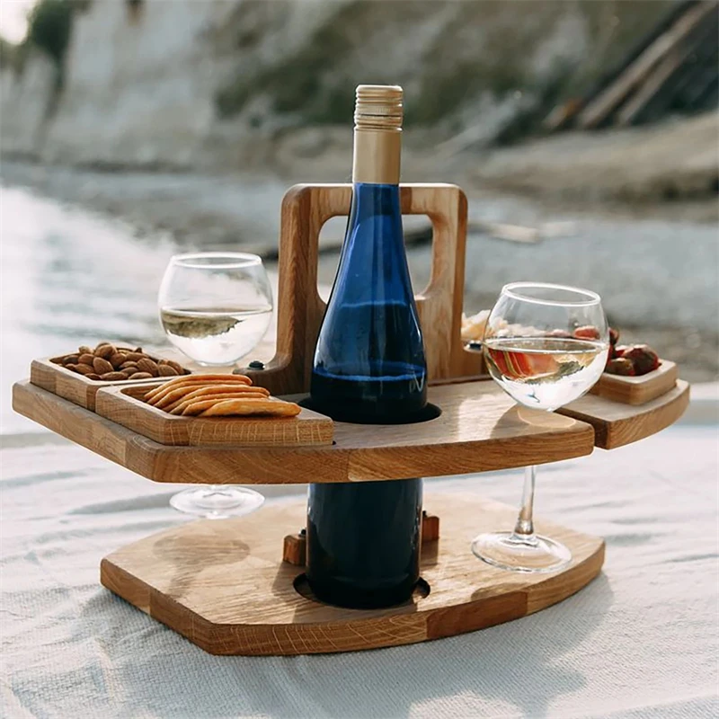 Wooden Outdoor Wine Table Portable Outdoor Snack Wine Holder Tray