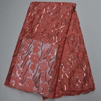 

Fashion New Design African Net Lace Fabric High Quality French Peach Embroidered Nigerian Lace Fabric With Sequins 5 yards/lot