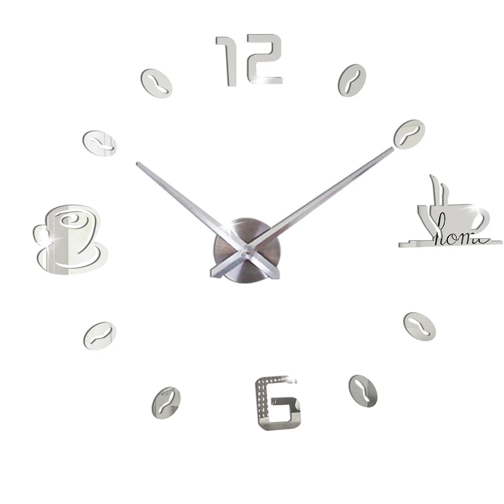 Coffee Cup 3D Large Wall Clock Modern Design Silent Acrylic Decorative Self adhesive DIY Digital Wall Clocks for Living Room 4